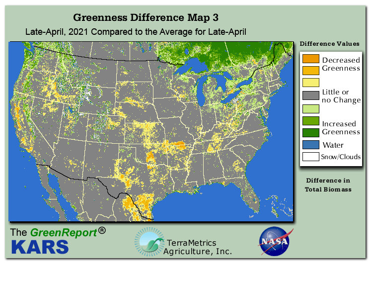 Color-coded U.S. vegetation greeness index map for Period 17 of 2021, illustrating spatial variations in plant vigor, with greener tones indicating higher biomass and browner tones indicating stressed vegetation,
              comparing current crop/vegetation change in biomass to the 20-year greenness average.