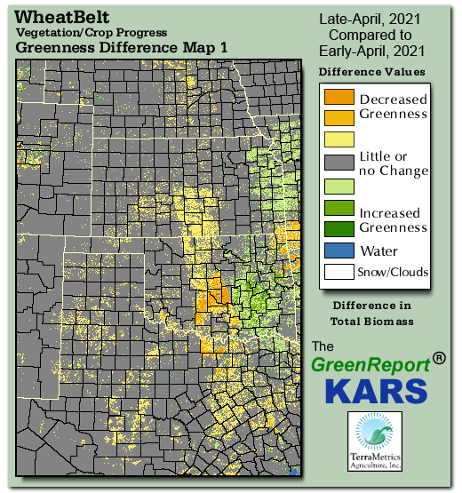 Color-coded Wheat Belt vegetation greeness index map for Period 17 of 2021, illustrating spatial variations in plant vigor, with greener tones indicating higher biomass and browner tones indicating stressed vegetation,
              comparing current crop/vegetation change in biomass to the previous week within the same year.