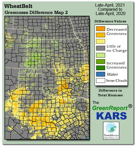 Color-coded Wheat Belt vegetation greeness index map for Period 17 of 2021, illustrating spatial variations in plant vigor, with greener tones indicating higher biomass and browner tones indicating stressed vegetation,
              comparing current crop/vegetation change in biomass to same period from the previous year.