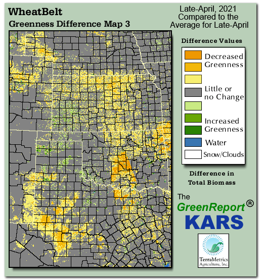 Color-coded Wheat Belt vegetation greeness index map for Period 17 of 2021, illustrating spatial variations in plant vigor, with greener tones indicating higher biomass and browner tones indicating stressed vegetation,
              comparing current crop/vegetation change in biomass to the 20-year greenness average.