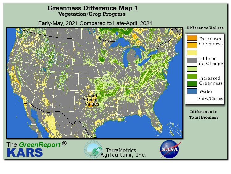 Color-coded U.S. vegetation greeness index map for Period 18 of 2021, illustrating spatial variations in plant vigor, with greener tones indicating higher biomass and browner tones indicating stressed vegetation,
              comparing current crop/vegetation change in biomass to the previous week within the same year.