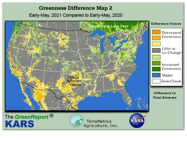 Color-coded U.S. vegetation greeness index map for Period 18 of 2021, illustrating spatial variations in plant vigor, with greener tones indicating higher biomass and browner tones indicating stressed vegetation,
              comparing current crop/vegetation change in biomass to same period from the previous year.