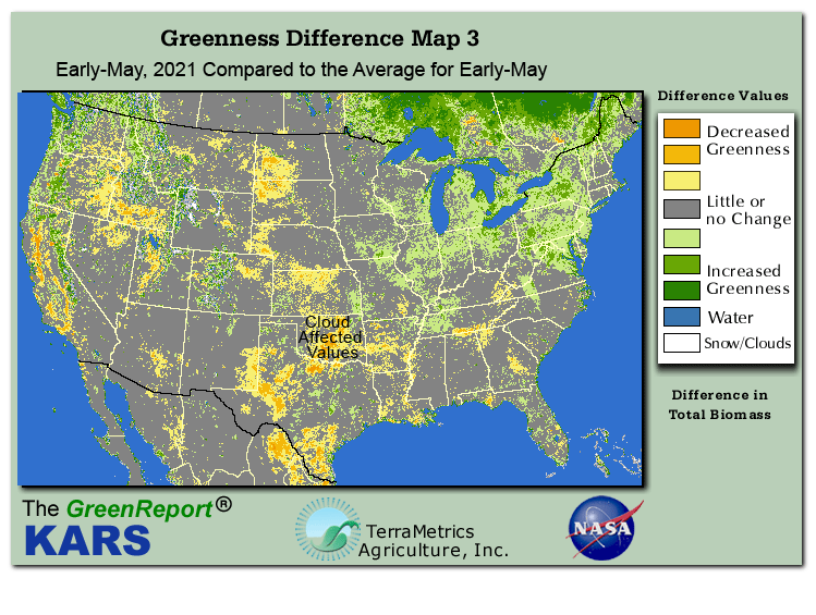 Color-coded U.S. vegetation greeness index map for Period 18 of 2021, illustrating spatial variations in plant vigor, with greener tones indicating higher biomass and browner tones indicating stressed vegetation,
              comparing current crop/vegetation change in biomass to the 20-year greenness average.