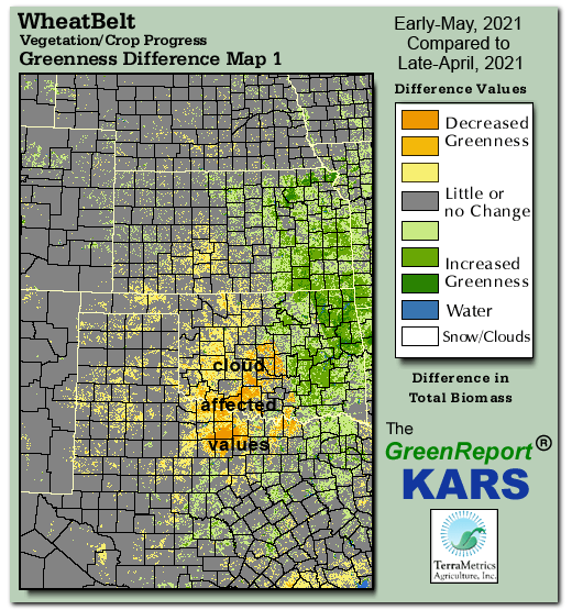 Color-coded Wheat Belt vegetation greeness index map for Period 18 of 2021, illustrating spatial variations in plant vigor, with greener tones indicating higher biomass and browner tones indicating stressed vegetation,
              comparing current crop/vegetation change in biomass to the previous week within the same year.