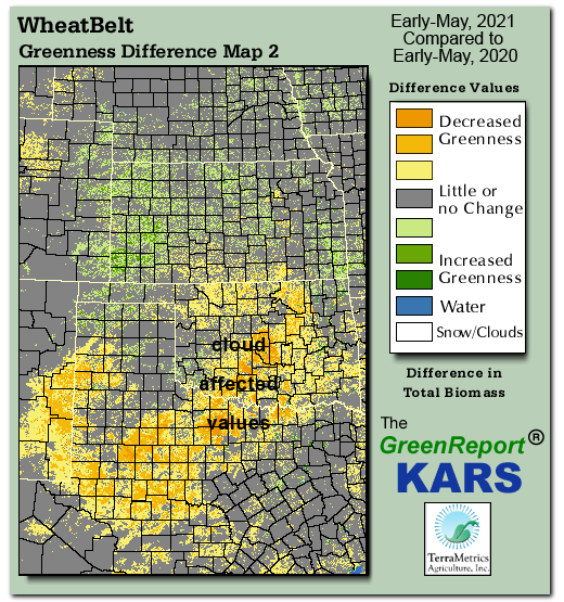 Color-coded Wheat Belt vegetation greeness index map for Period 18 of 2021, illustrating spatial variations in plant vigor, with greener tones indicating higher biomass and browner tones indicating stressed vegetation,
              comparing current crop/vegetation change in biomass to same period from the previous year.