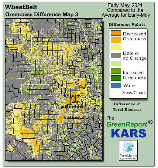 Color-coded Wheat Belt vegetation greeness index map for Period 18 of 2021, illustrating spatial variations in plant vigor, with greener tones indicating higher biomass and browner tones indicating stressed vegetation,
              comparing current crop/vegetation change in biomass to the 20-year greenness average.