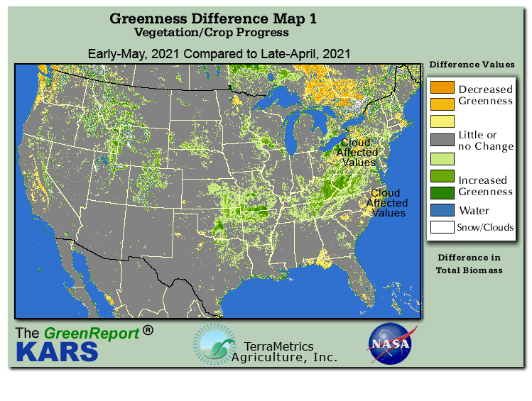 Color-coded U.S. vegetation greeness index map for Period 19 of 2021, illustrating spatial variations in plant vigor, with greener tones indicating higher biomass and browner tones indicating stressed vegetation,
              comparing current crop/vegetation change in biomass to the previous week within the same year.