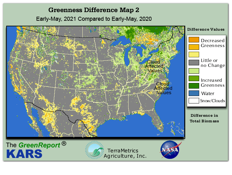 Color-coded U.S. vegetation greeness index map for Period 19 of 2021, illustrating spatial variations in plant vigor, with greener tones indicating higher biomass and browner tones indicating stressed vegetation,
              comparing current crop/vegetation change in biomass to same period from the previous year.