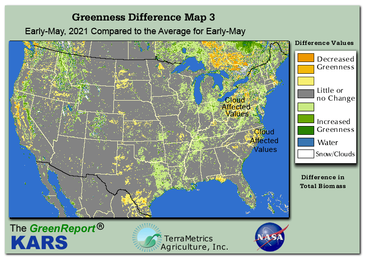 Color-coded U.S. vegetation greeness index map for Period 19 of 2021, illustrating spatial variations in plant vigor, with greener tones indicating higher biomass and browner tones indicating stressed vegetation,
              comparing current crop/vegetation change in biomass to the 20-year greenness average.