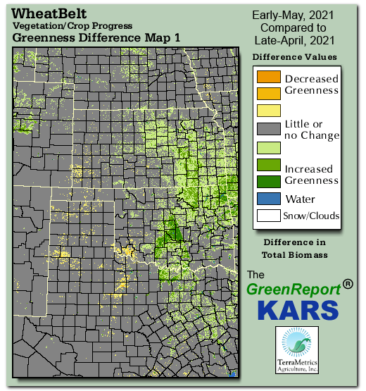 Color-coded Wheat Belt vegetation greeness index map for Period 19 of 2021, illustrating spatial variations in plant vigor, with greener tones indicating higher biomass and browner tones indicating stressed vegetation,
              comparing current crop/vegetation change in biomass to the previous week within the same year.