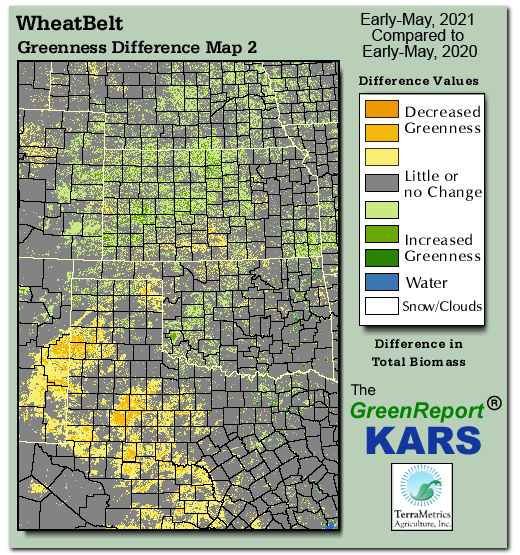 Color-coded Wheat Belt vegetation greeness index map for Period 19 of 2021, illustrating spatial variations in plant vigor, with greener tones indicating higher biomass and browner tones indicating stressed vegetation,
              comparing current crop/vegetation change in biomass to same period from the previous year.