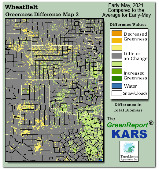 Color-coded Wheat Belt vegetation greeness index map for Period 19 of 2021, illustrating spatial variations in plant vigor, with greener tones indicating higher biomass and browner tones indicating stressed vegetation,
              comparing current crop/vegetation change in biomass to the 20-year greenness average.