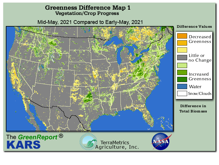 Color-coded U.S. vegetation greeness index map for Period 20 of 2021, illustrating spatial variations in plant vigor, with greener tones indicating higher biomass and browner tones indicating stressed vegetation,
              comparing current crop/vegetation change in biomass to the previous week within the same year.