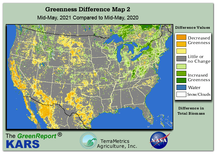 Color-coded U.S. vegetation greeness index map for Period 20 of 2021, illustrating spatial variations in plant vigor, with greener tones indicating higher biomass and browner tones indicating stressed vegetation,
              comparing current crop/vegetation change in biomass to same period from the previous year.