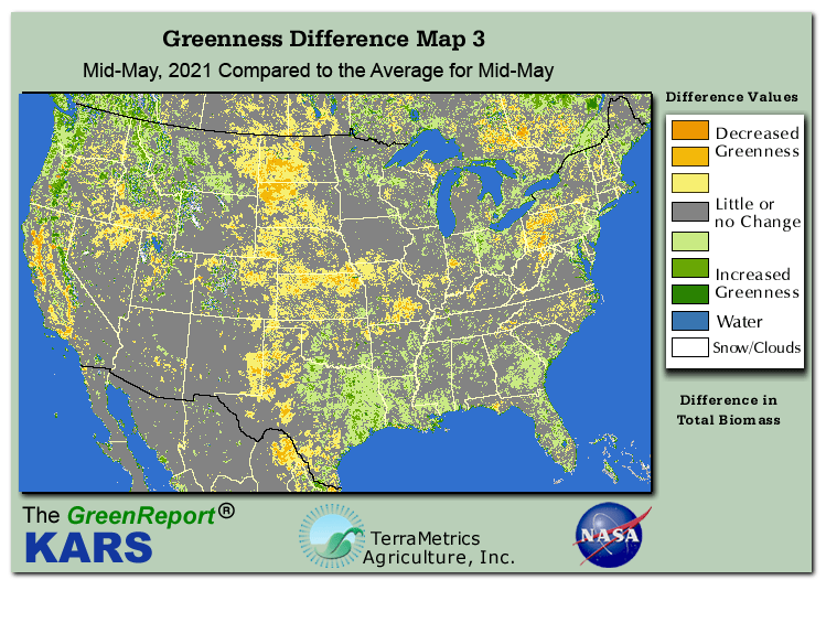 Color-coded U.S. vegetation greeness index map for Period 20 of 2021, illustrating spatial variations in plant vigor, with greener tones indicating higher biomass and browner tones indicating stressed vegetation,
              comparing current crop/vegetation change in biomass to the 20-year greenness average.