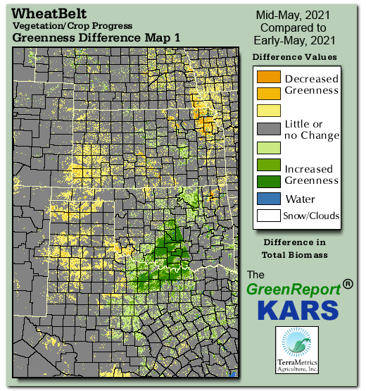 Color-coded Wheat Belt vegetation greeness index map for Period 20 of 2021, illustrating spatial variations in plant vigor, with greener tones indicating higher biomass and browner tones indicating stressed vegetation,
              comparing current crop/vegetation change in biomass to the previous week within the same year.