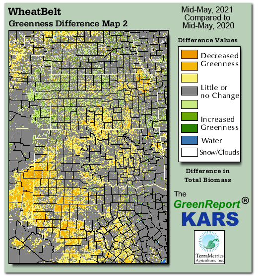 Color-coded Wheat Belt vegetation greeness index map for Period 20 of 2021, illustrating spatial variations in plant vigor, with greener tones indicating higher biomass and browner tones indicating stressed vegetation,
              comparing current crop/vegetation change in biomass to same period from the previous year.