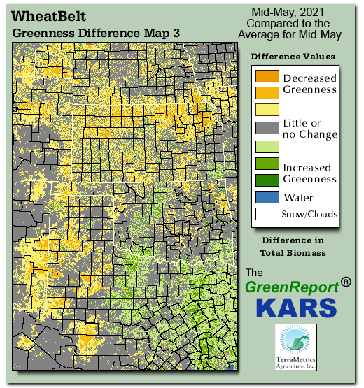 Color-coded Wheat Belt vegetation greeness index map for Period 20 of 2021, illustrating spatial variations in plant vigor, with greener tones indicating higher biomass and browner tones indicating stressed vegetation,
              comparing current crop/vegetation change in biomass to the 20-year greenness average.