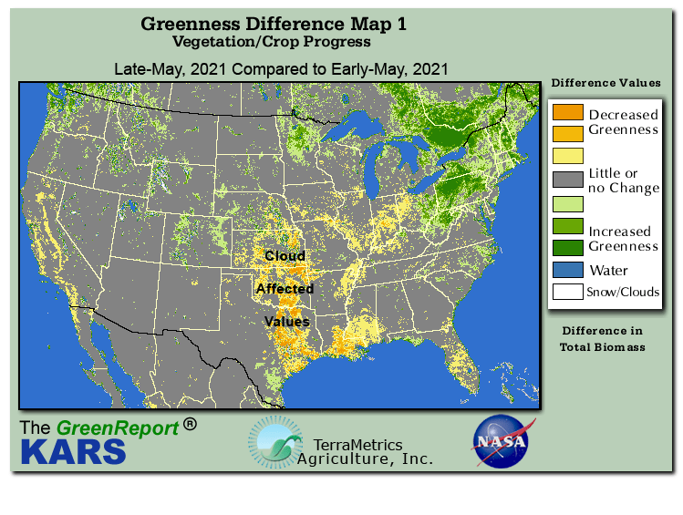 Color-coded U.S. vegetation greeness index map for Period 21 of 2021, illustrating spatial variations in plant vigor, with greener tones indicating higher biomass and browner tones indicating stressed vegetation,
              comparing current crop/vegetation change in biomass to the previous week within the same year.