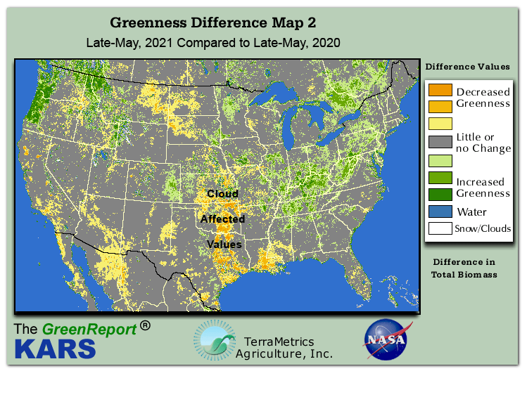 Color-coded U.S. vegetation greeness index map for Period 21 of 2021, illustrating spatial variations in plant vigor, with greener tones indicating higher biomass and browner tones indicating stressed vegetation,
              comparing current crop/vegetation change in biomass to same period from the previous year.