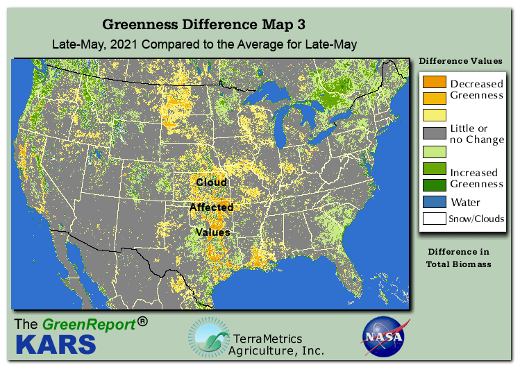 Color-coded U.S. vegetation greeness index map for Period 21 of 2021, illustrating spatial variations in plant vigor, with greener tones indicating higher biomass and browner tones indicating stressed vegetation,
              comparing current crop/vegetation change in biomass to the 20-year greenness average.