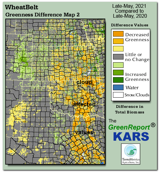 Color-coded Wheat Belt vegetation greeness index map for Period 21 of 2021, illustrating spatial variations in plant vigor, with greener tones indicating higher biomass and browner tones indicating stressed vegetation,
              comparing current crop/vegetation change in biomass to same period from the previous year.