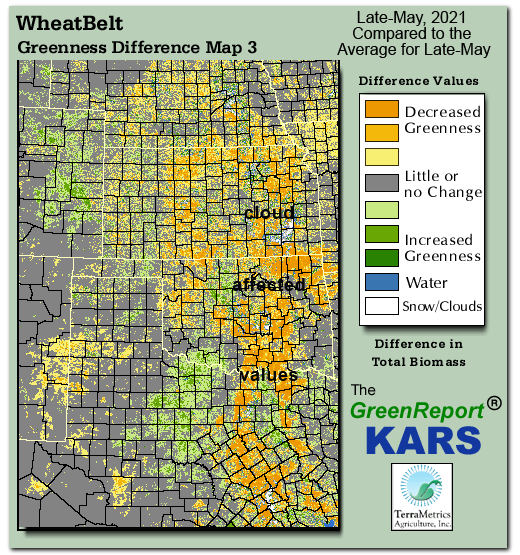 Color-coded Wheat Belt vegetation greeness index map for Period 21 of 2021, illustrating spatial variations in plant vigor, with greener tones indicating higher biomass and browner tones indicating stressed vegetation,
              comparing current crop/vegetation change in biomass to the 20-year greenness average.