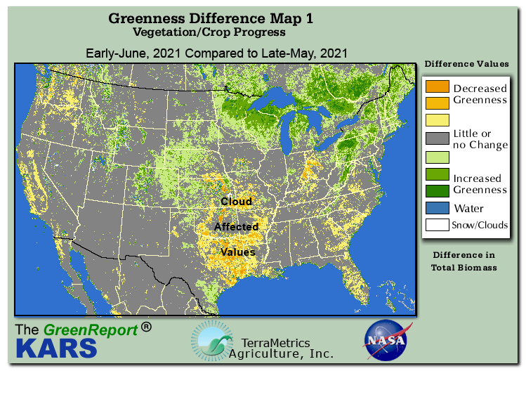 Color-coded U.S. vegetation greeness index map for Period 22 of 2021, illustrating spatial variations in plant vigor, with greener tones indicating higher biomass and browner tones indicating stressed vegetation,
              comparing current crop/vegetation change in biomass to the previous week within the same year.