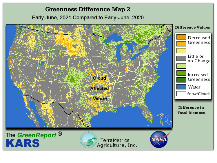 Color-coded U.S. vegetation greeness index map for Period 22 of 2021, illustrating spatial variations in plant vigor, with greener tones indicating higher biomass and browner tones indicating stressed vegetation,
              comparing current crop/vegetation change in biomass to same period from the previous year.