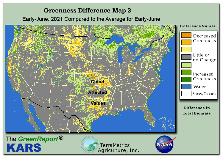 Color-coded U.S. vegetation greeness index map for Period 22 of 2021, illustrating spatial variations in plant vigor, with greener tones indicating higher biomass and browner tones indicating stressed vegetation,
              comparing current crop/vegetation change in biomass to the 20-year greenness average.