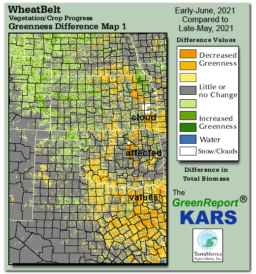 Color-coded Wheat Belt vegetation greeness index map for Period 22 of 2021, illustrating spatial variations in plant vigor, with greener tones indicating higher biomass and browner tones indicating stressed vegetation,
              comparing current crop/vegetation change in biomass to the previous week within the same year.