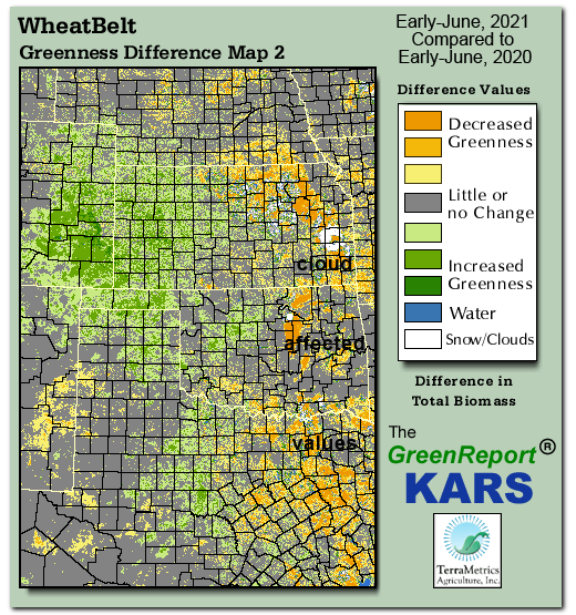 Color-coded Wheat Belt vegetation greeness index map for Period 22 of 2021, illustrating spatial variations in plant vigor, with greener tones indicating higher biomass and browner tones indicating stressed vegetation,
              comparing current crop/vegetation change in biomass to same period from the previous year.