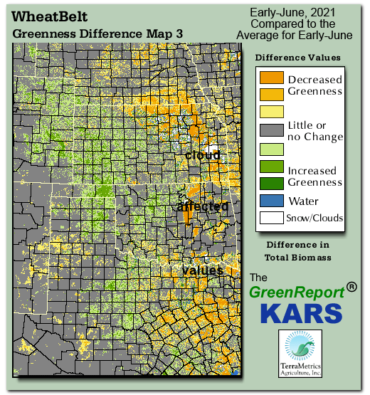Color-coded Wheat Belt vegetation greeness index map for Period 22 of 2021, illustrating spatial variations in plant vigor, with greener tones indicating higher biomass and browner tones indicating stressed vegetation,
              comparing current crop/vegetation change in biomass to the 20-year greenness average.