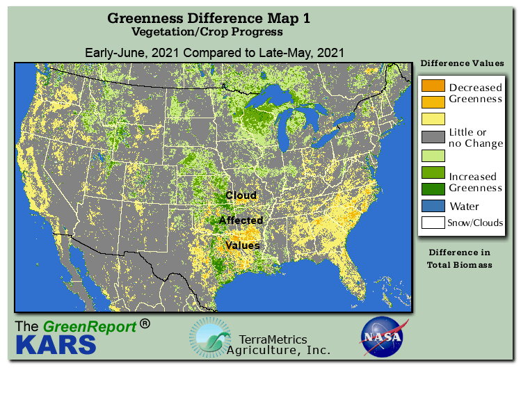 Color-coded U.S. vegetation greeness index map for Period 23 of 2021, illustrating spatial variations in plant vigor, with greener tones indicating higher biomass and browner tones indicating stressed vegetation,
              comparing current crop/vegetation change in biomass to the previous week within the same year.