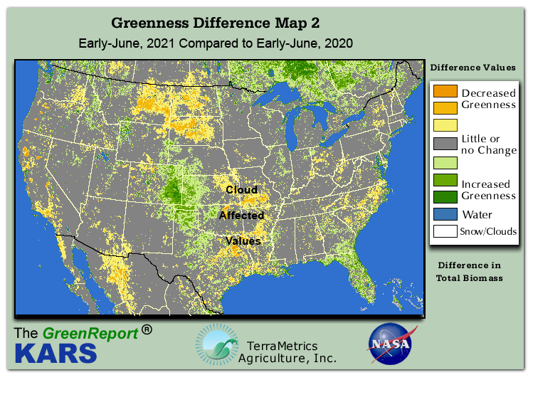 Color-coded U.S. vegetation greeness index map for Period 23 of 2021, illustrating spatial variations in plant vigor, with greener tones indicating higher biomass and browner tones indicating stressed vegetation,
              comparing current crop/vegetation change in biomass to same period from the previous year.