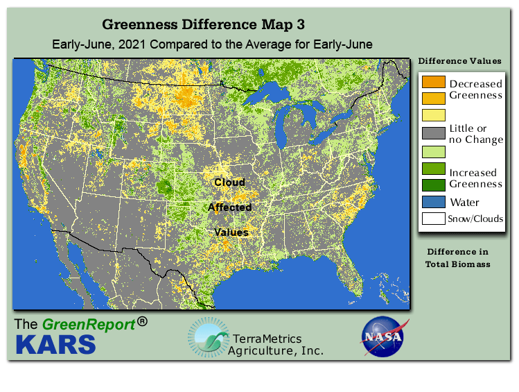 Color-coded U.S. vegetation greeness index map for Period 23 of 2021, illustrating spatial variations in plant vigor, with greener tones indicating higher biomass and browner tones indicating stressed vegetation,
              comparing current crop/vegetation change in biomass to the 20-year greenness average.