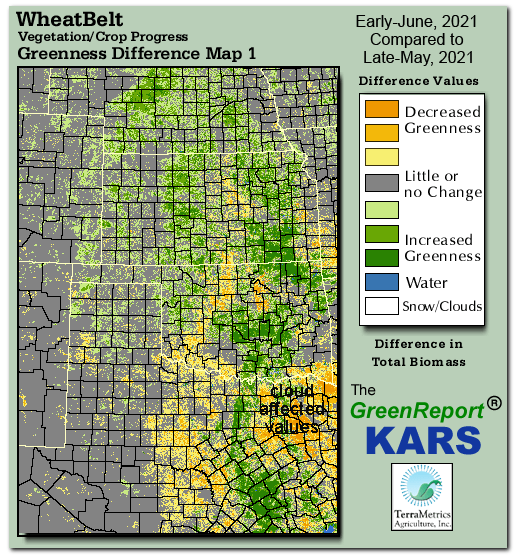 Color-coded Wheat Belt vegetation greeness index map for Period 23 of 2021, illustrating spatial variations in plant vigor, with greener tones indicating higher biomass and browner tones indicating stressed vegetation,
              comparing current crop/vegetation change in biomass to the previous week within the same year.