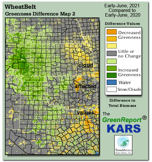 Color-coded Wheat Belt vegetation greeness index map for Period 23 of 2021, illustrating spatial variations in plant vigor, with greener tones indicating higher biomass and browner tones indicating stressed vegetation,
              comparing current crop/vegetation change in biomass to same period from the previous year.
