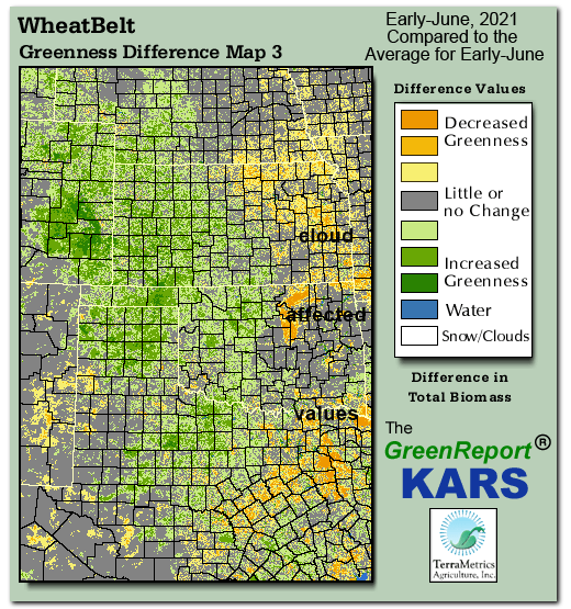 Color-coded Wheat Belt vegetation greeness index map for Period 23 of 2021, illustrating spatial variations in plant vigor, with greener tones indicating higher biomass and browner tones indicating stressed vegetation,
              comparing current crop/vegetation change in biomass to the 20-year greenness average.