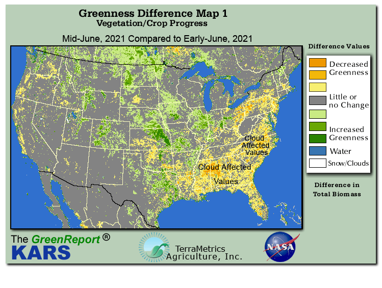 Color-coded U.S. vegetation greeness index map for Period 24 of 2021, illustrating spatial variations in plant vigor, with greener tones indicating higher biomass and browner tones indicating stressed vegetation,
              comparing current crop/vegetation change in biomass to the previous week within the same year.