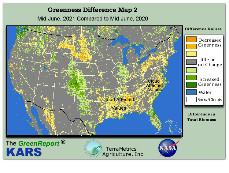 Color-coded U.S. vegetation greeness index map for Period 24 of 2021, illustrating spatial variations in plant vigor, with greener tones indicating higher biomass and browner tones indicating stressed vegetation,
              comparing current crop/vegetation change in biomass to same period from the previous year.