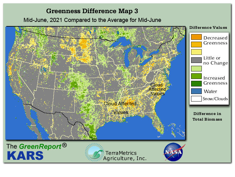 Color-coded U.S. vegetation greeness index map for Period 24 of 2021, illustrating spatial variations in plant vigor, with greener tones indicating higher biomass and browner tones indicating stressed vegetation,
              comparing current crop/vegetation change in biomass to the 20-year greenness average.