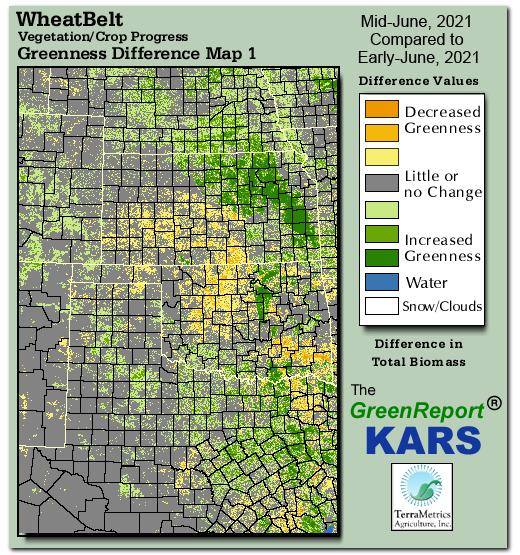 Color-coded Wheat Belt vegetation greeness index map for Period 24 of 2021, illustrating spatial variations in plant vigor, with greener tones indicating higher biomass and browner tones indicating stressed vegetation,
              comparing current crop/vegetation change in biomass to the previous week within the same year.