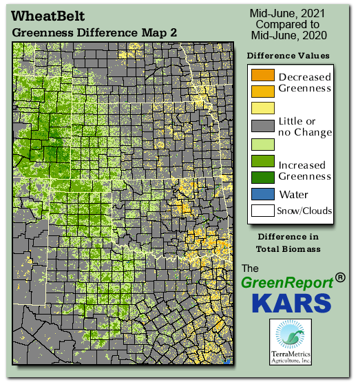 Color-coded Wheat Belt vegetation greeness index map for Period 24 of 2021, illustrating spatial variations in plant vigor, with greener tones indicating higher biomass and browner tones indicating stressed vegetation,
              comparing current crop/vegetation change in biomass to same period from the previous year.
