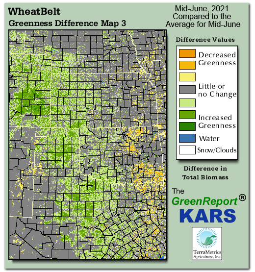 Color-coded Wheat Belt vegetation greeness index map for Period 24 of 2021, illustrating spatial variations in plant vigor, with greener tones indicating higher biomass and browner tones indicating stressed vegetation,
              comparing current crop/vegetation change in biomass to the 20-year greenness average.