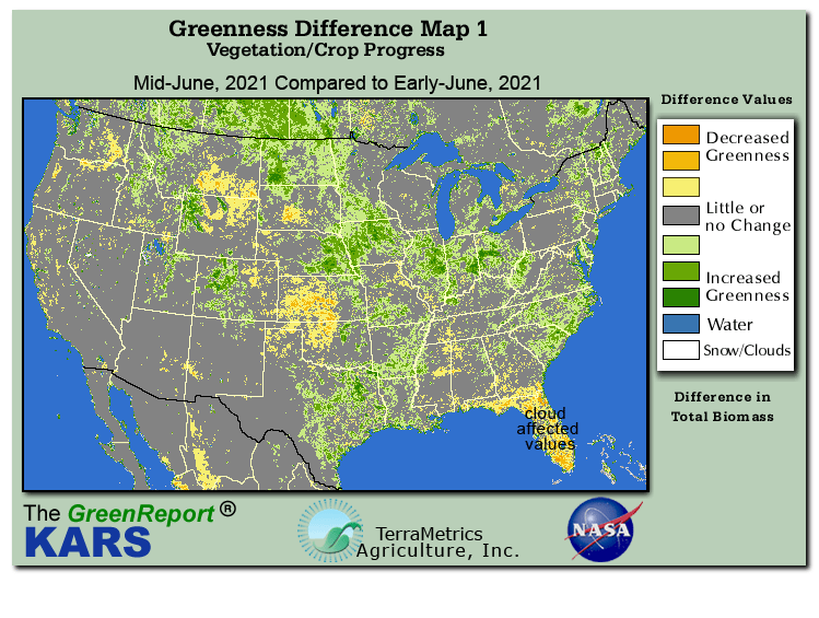 Color-coded U.S. vegetation greeness index map for Period 25 of 2021, illustrating spatial variations in plant vigor, with greener tones indicating higher biomass and browner tones indicating stressed vegetation,
              comparing current crop/vegetation change in biomass to the previous week within the same year.