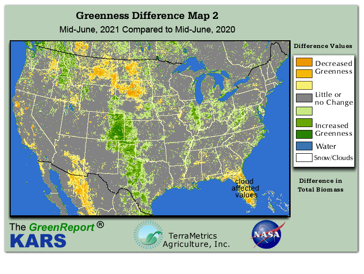 Color-coded U.S. vegetation greeness index map for Period 25 of 2021, illustrating spatial variations in plant vigor, with greener tones indicating higher biomass and browner tones indicating stressed vegetation,
              comparing current crop/vegetation change in biomass to same period from the previous year.