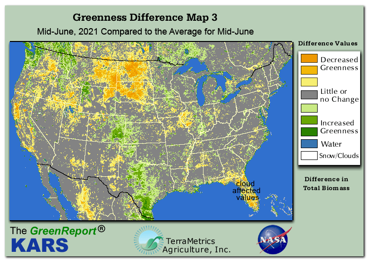 Color-coded U.S. vegetation greeness index map for Period 25 of 2021, illustrating spatial variations in plant vigor, with greener tones indicating higher biomass and browner tones indicating stressed vegetation,
              comparing current crop/vegetation change in biomass to the 20-year greenness average.