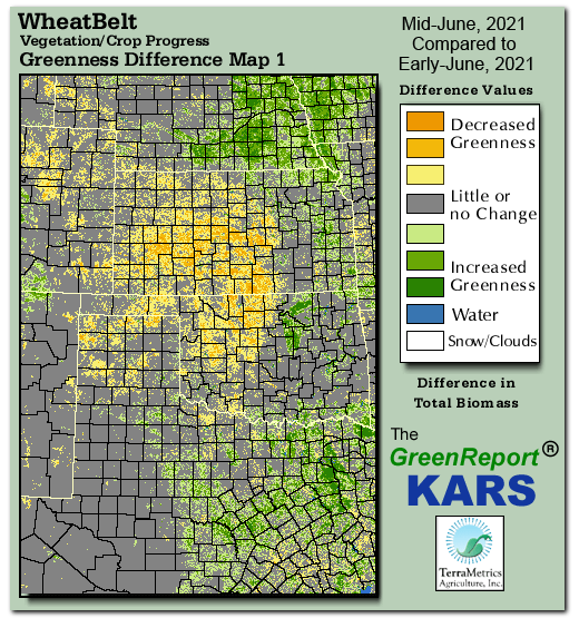 Color-coded Wheat Belt vegetation greeness index map for Period 25 of 2021, illustrating spatial variations in plant vigor, with greener tones indicating higher biomass and browner tones indicating stressed vegetation,
              comparing current crop/vegetation change in biomass to the previous week within the same year.