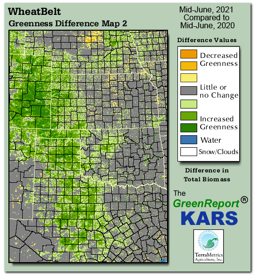 Color-coded Wheat Belt vegetation greeness index map for Period 25 of 2021, illustrating spatial variations in plant vigor, with greener tones indicating higher biomass and browner tones indicating stressed vegetation,
              comparing current crop/vegetation change in biomass to same period from the previous year.